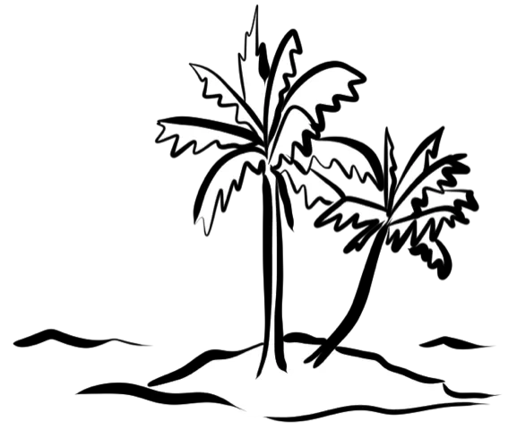 Black and white drawing of two palm trees on a small mound of sand.