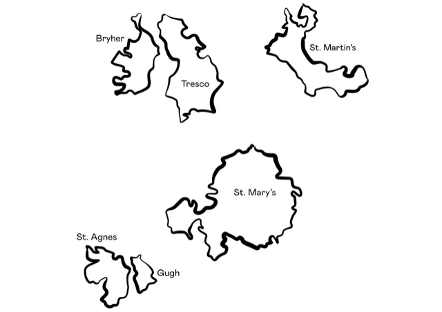 Map outlines of the Isles of Scilly showing Bryher, Tresco, St. Martin's, St. Agnes, Gugh, and St. Mary's.