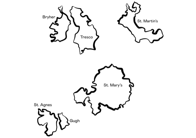 Black map highlighting five white islands labeled: St. Mary's, Tresco, and three unlabeled.
.