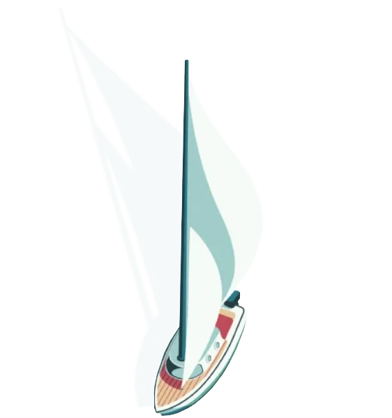 Illustration of a sailboat with a white sail casting a long shadow, viewed from above on a white background.