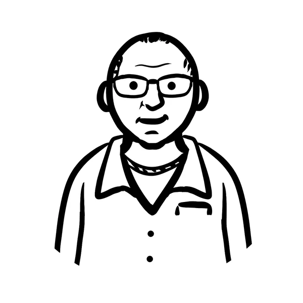 Black and white line drawing of a person with glasses, short hair, and a collared shirt.