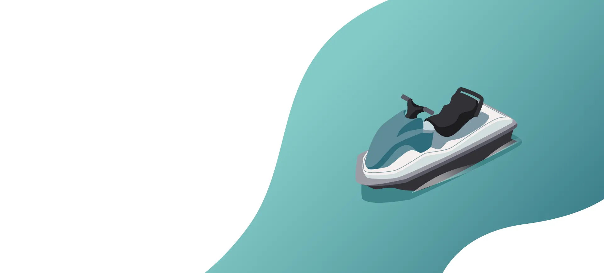 Illustration of a jet ski on teal water with a white background on the left side of the image.