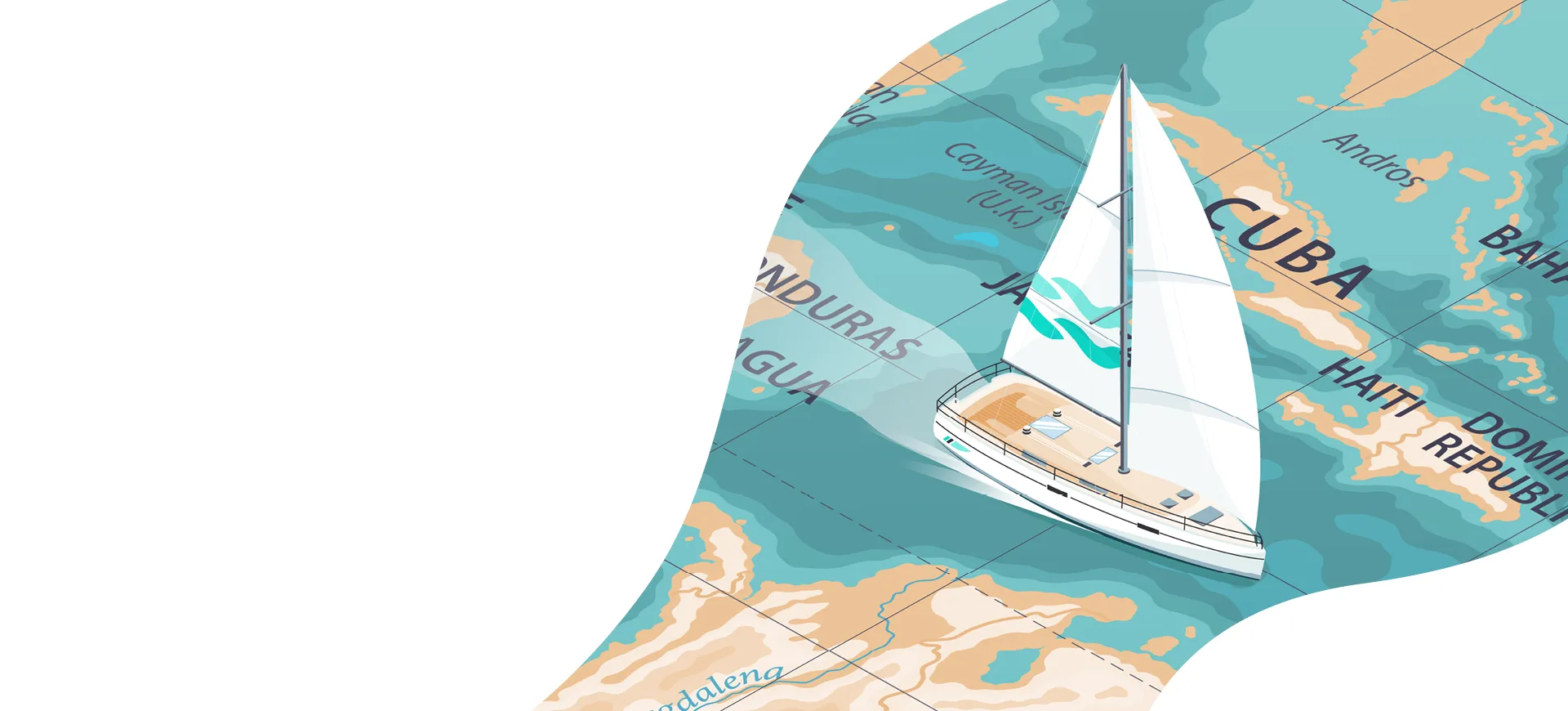 Illustration of a sailboat navigating on Caribbean map near Cuba, Haiti, and Honduras, overlaid with light blue and tan colors.