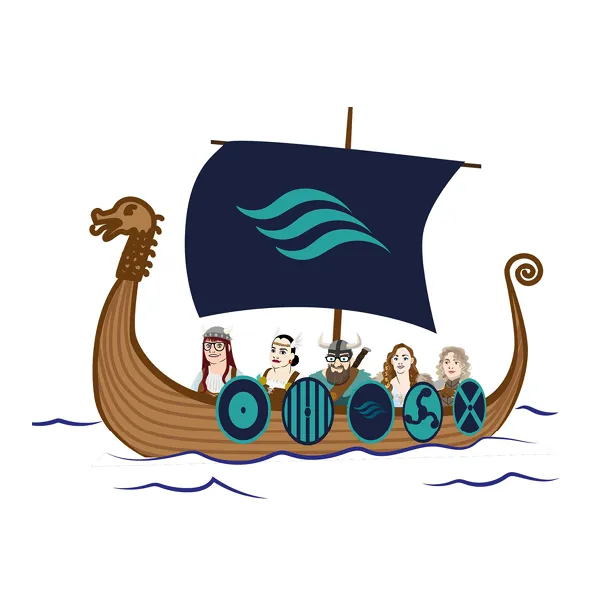 Illustration of five people in Viking attire sailing in a wooden longship with a dark sail featuring a teal wave design.