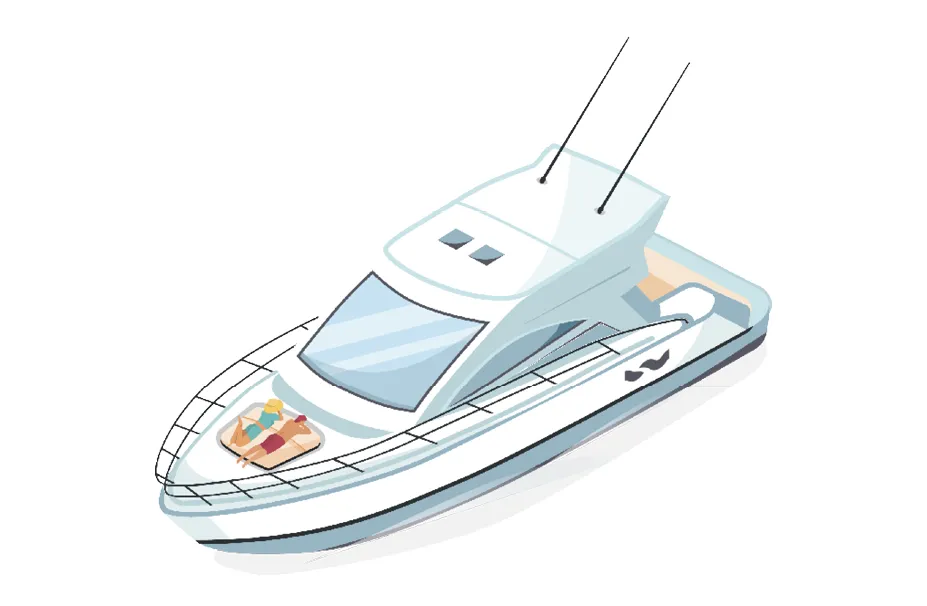 Illustration of a white yacht with a food platter on the bow, depicted from a slightly elevated angle, emphasizing the elegance and serenity that Malo Yacht Insurance ensures for every voyage.