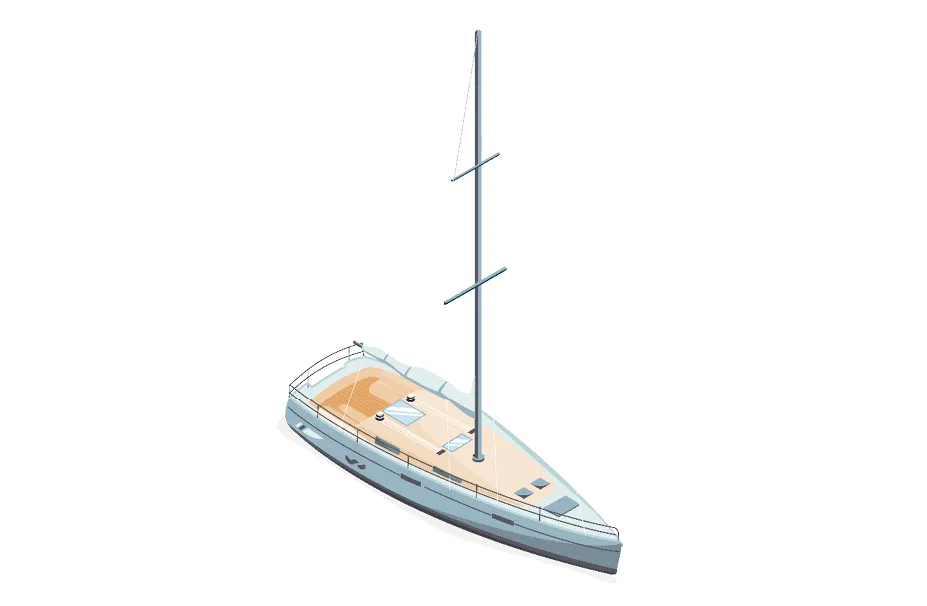 Illustration of a modern sailboat with a wooden deck and a tall mast, viewed from an angled perspective, highlighting the elegance that Malo Yacht Insurance can help protect.