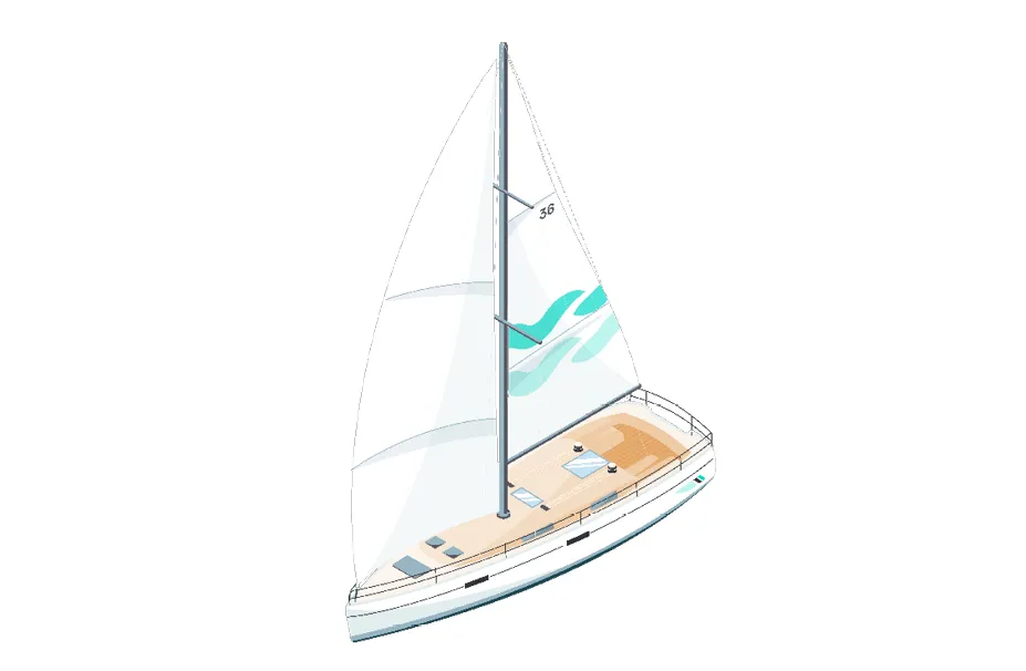 Illustration of a sailboat with white sails and a blue-green wave design, featuring a wooden deck, two lounge chairs, and prominently displaying Malo Yacht Insurance.