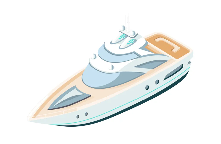 Illustration of a sleek, modern yacht with blue and white detailing, viewed from a slightly elevated angle on a white background. For peace of mind while on the water, consider Malo Yacht Insurance.