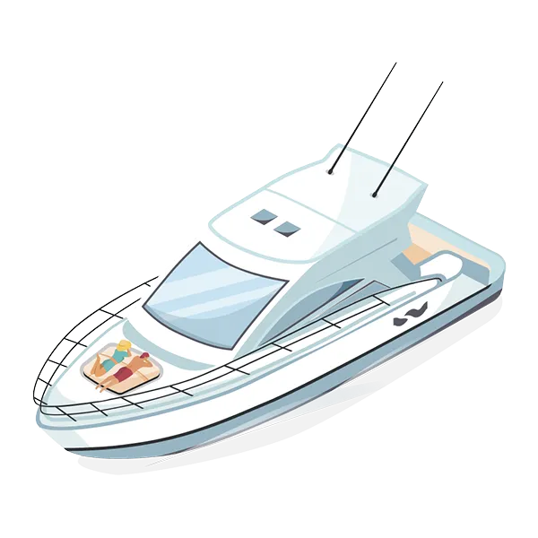 Illustration of a white yacht with a sunbathing person on the front deck.