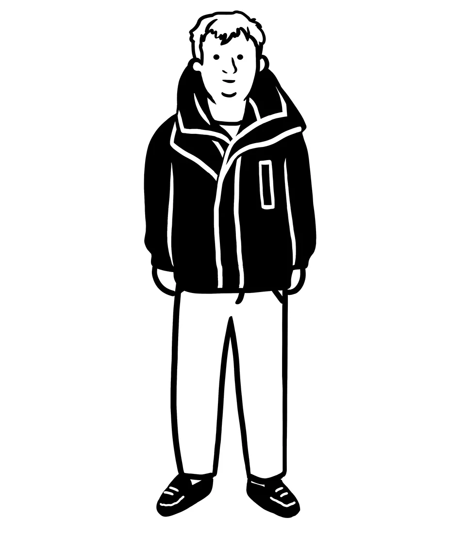 Black and white illustration of a person standing in a jacket with hands in their pockets and smiling.