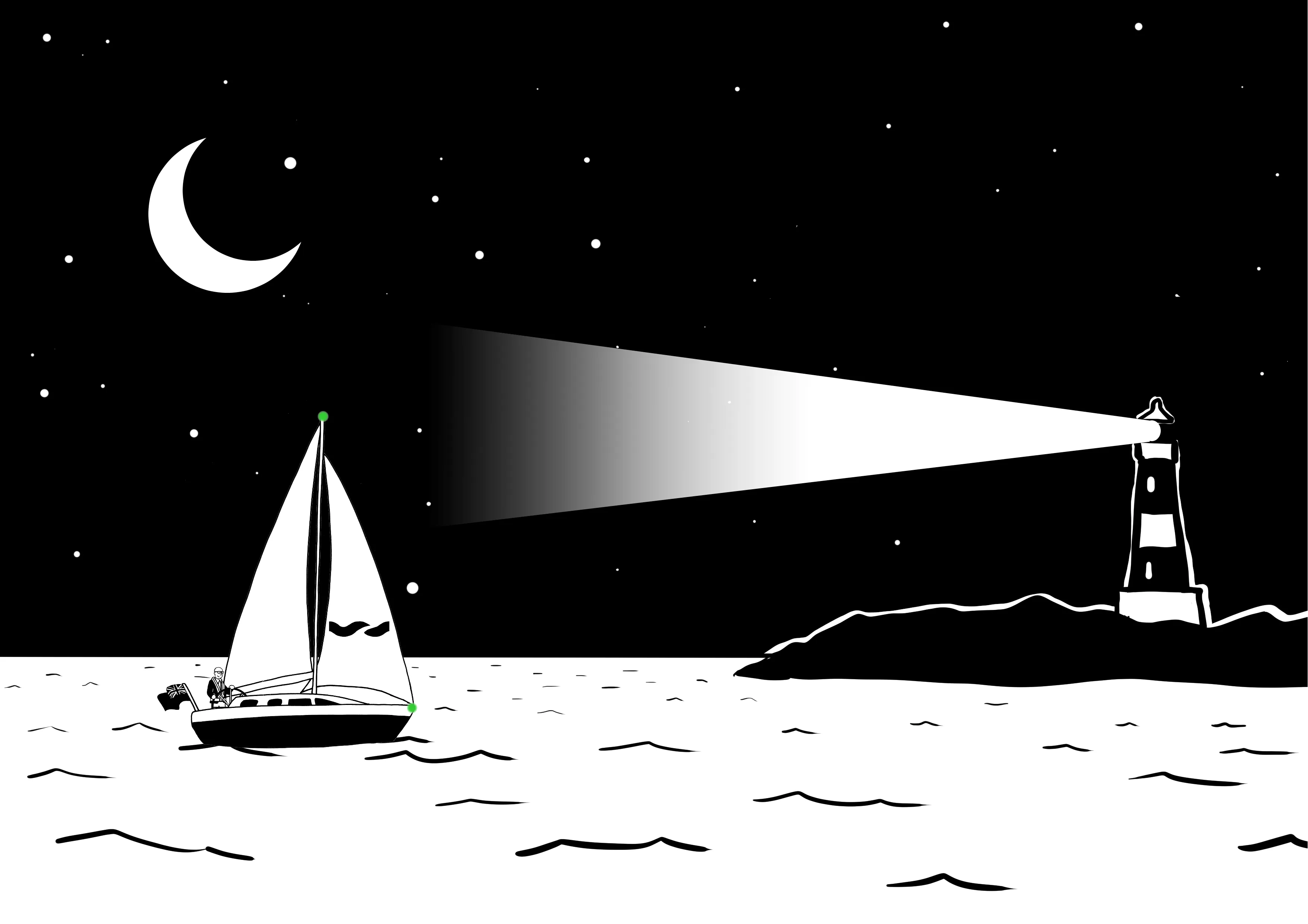 A sailboat navigates on water at night under a crescent moon with a lighthouse shining its beam in the distance.