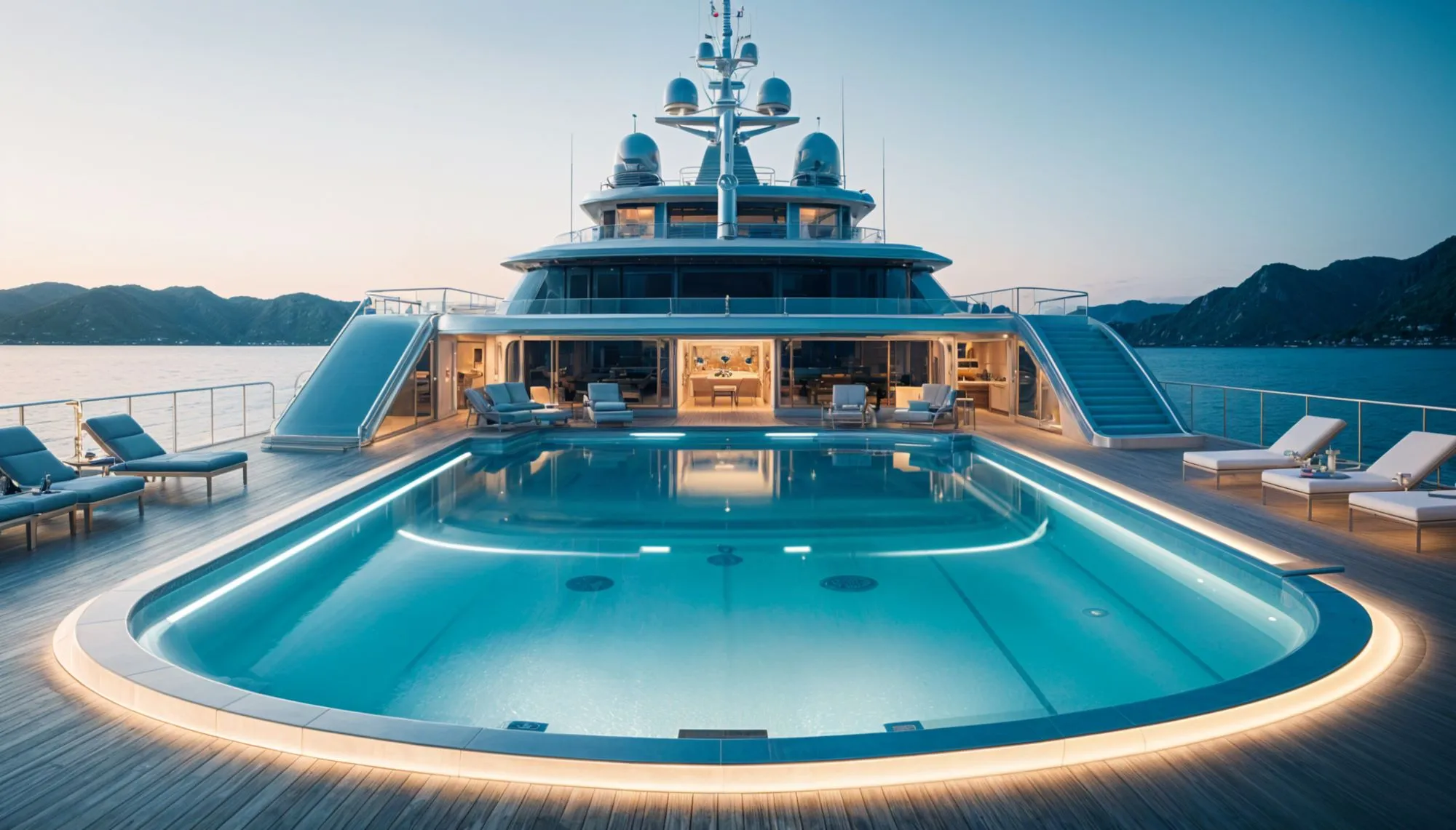 Luxurious superyacht captained with a large, illuminated pool on deck, surrounded by lounge chairs, anchored near a mountainous coastline at twilight.