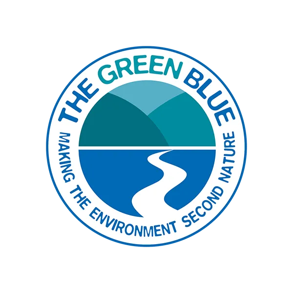 Logo of The Green Blue, featuring a stylized river and hills within a circle, with text 