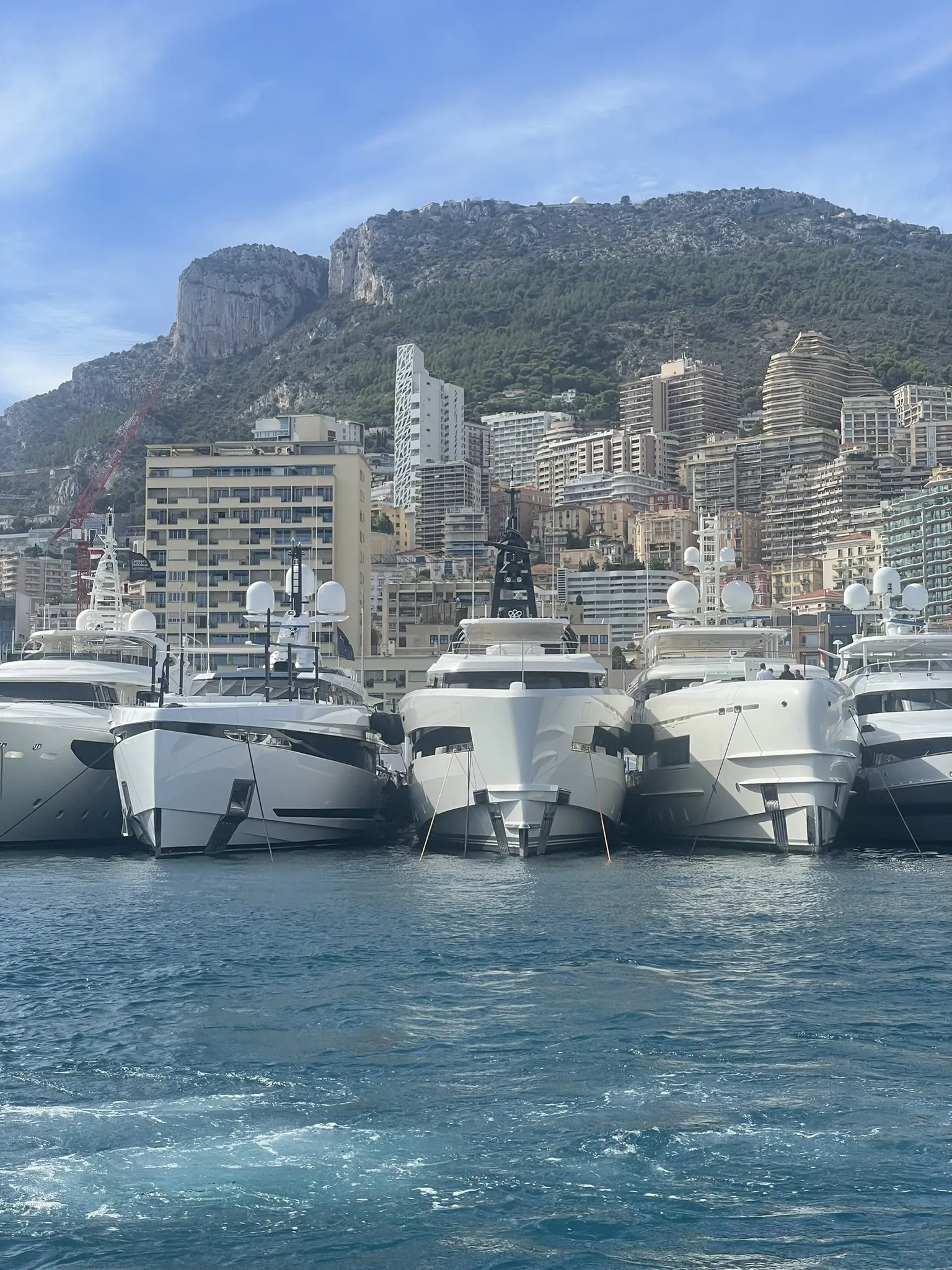 Five luxury yachts, each helmed by an experienced superyacht captain, are docked in a marina with a backdrop of mountainous terrain and high-rise buildings.