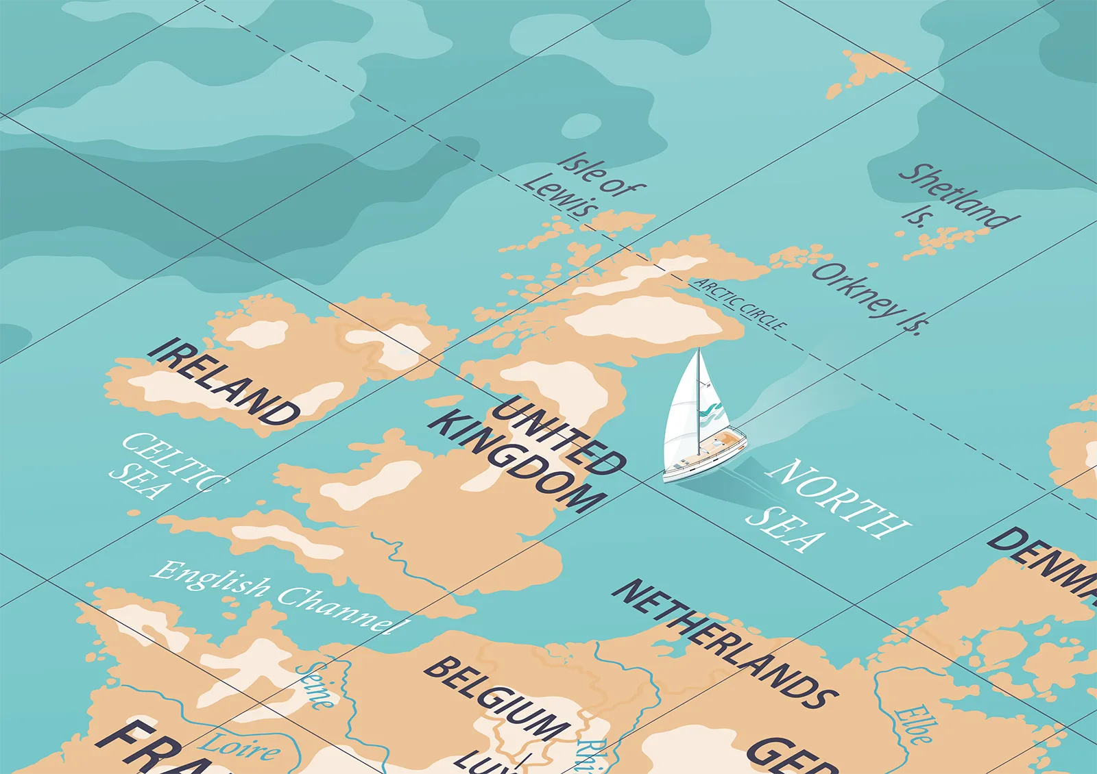 A map depicting parts of northwestern Europe, including Ireland, United Kingdom, France, and surrounding seas, with a sailboat graphic illustrating the Round Britain & Ireland Race.