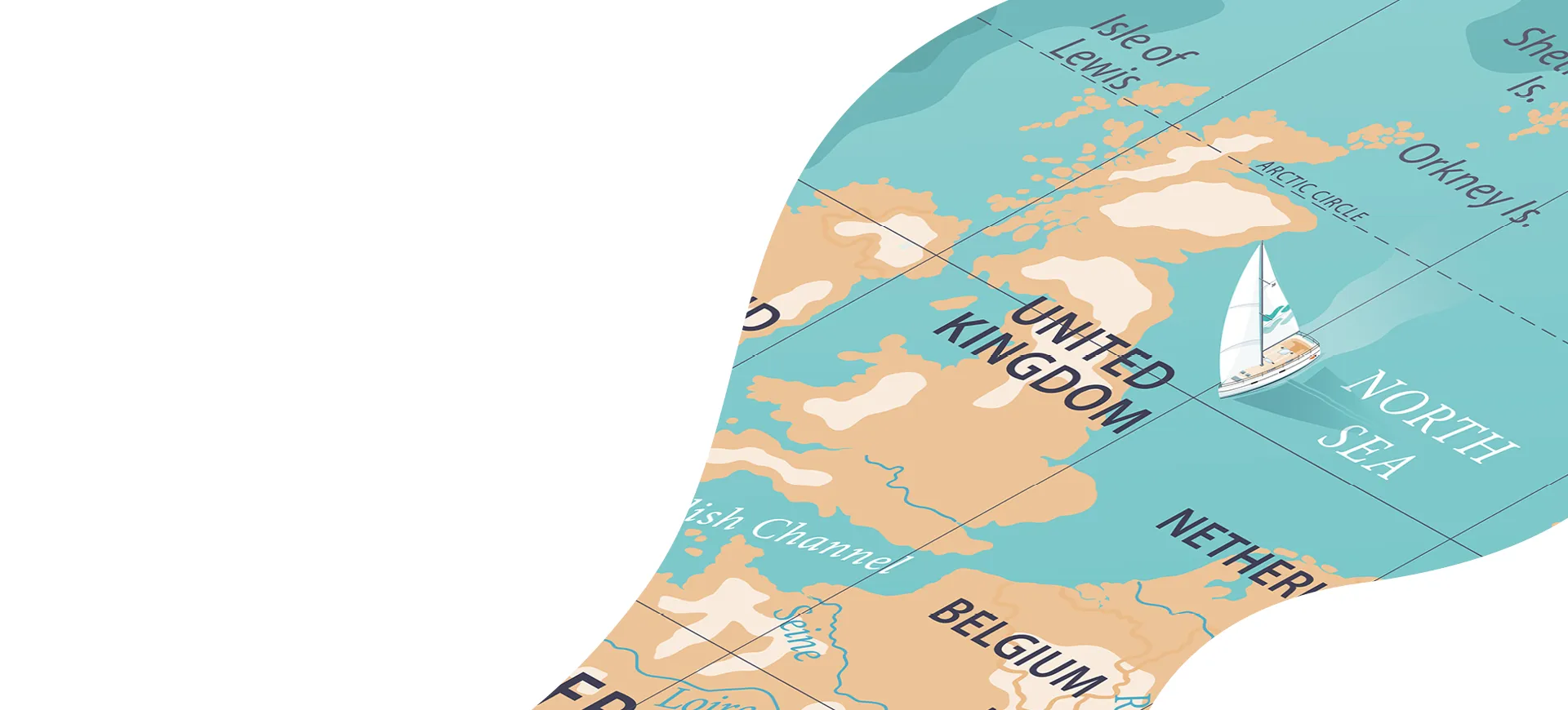 Illustrated map depicting the United Kingdom, part of the Netherlands, and a sailboat in the North Sea, along the iconic Round Britain & Ireland Race route.