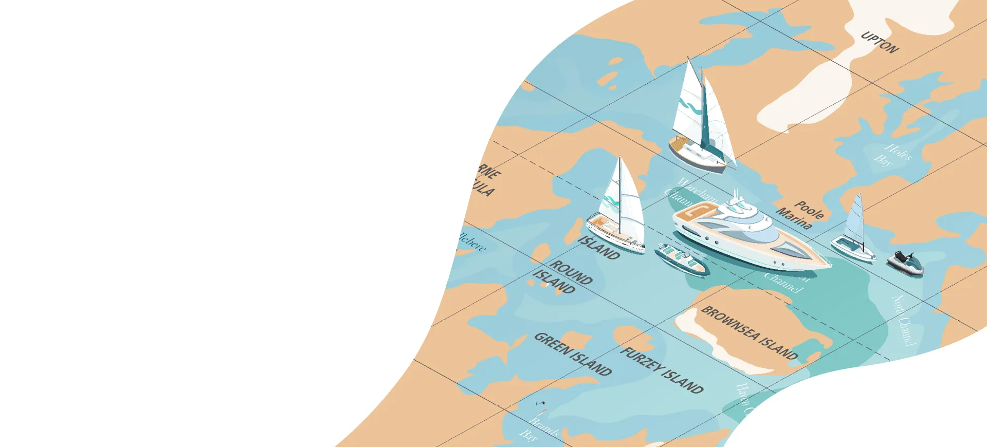 Map illustration of a coastal area with multiple islands, three boats sailing in the water, and labeled locations: Brownsea Island, Round Island.