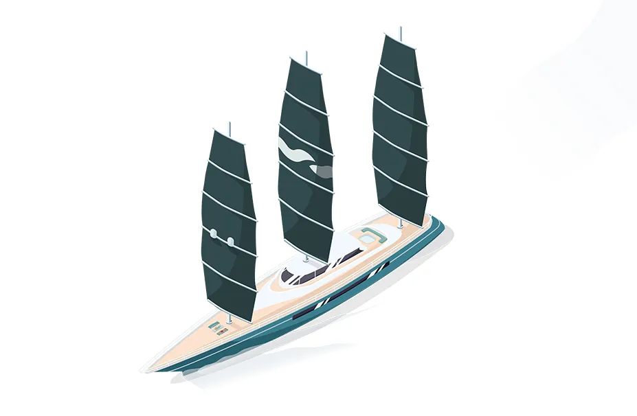 Illustration of a modern sailboat with three large black sails on a minimalist white background, reminiscent of vessels in the Round Britain & Ireland Race.