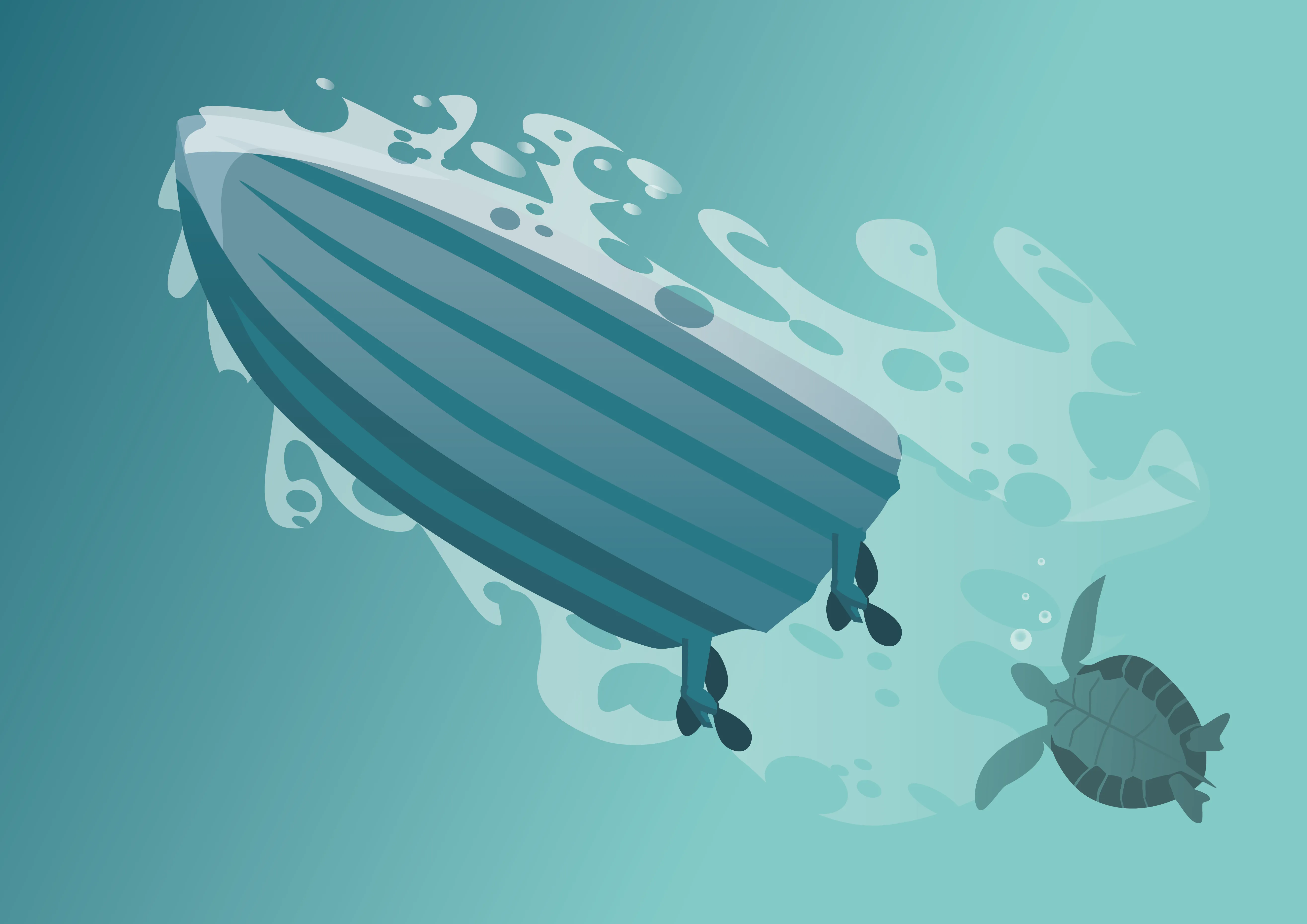 Illustration of a boat floating on water with a turtle swimming nearby in a teal-colored background.