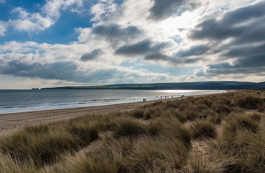 A beach scene with grass-covered dunes in the foreground, people walking along the shore, and a cloudy sky above sets a serene backdrop as a superyacht captain docks nearby.