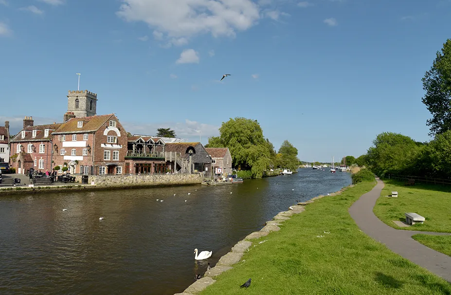 Riverside path with historical buildings on the left, a swan in the river, and green trees lining the path on the right. Perhaps you'll glimpse a superyacht captain navigating these serene waters.