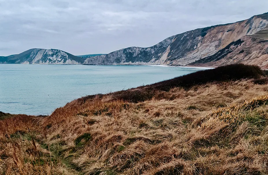 A coastal landscape with grassy hills in the foreground and rocky cliffs meeting the sea under a cloudy sky in the background, where a superyacht captain might navigate through the tranquil waters.