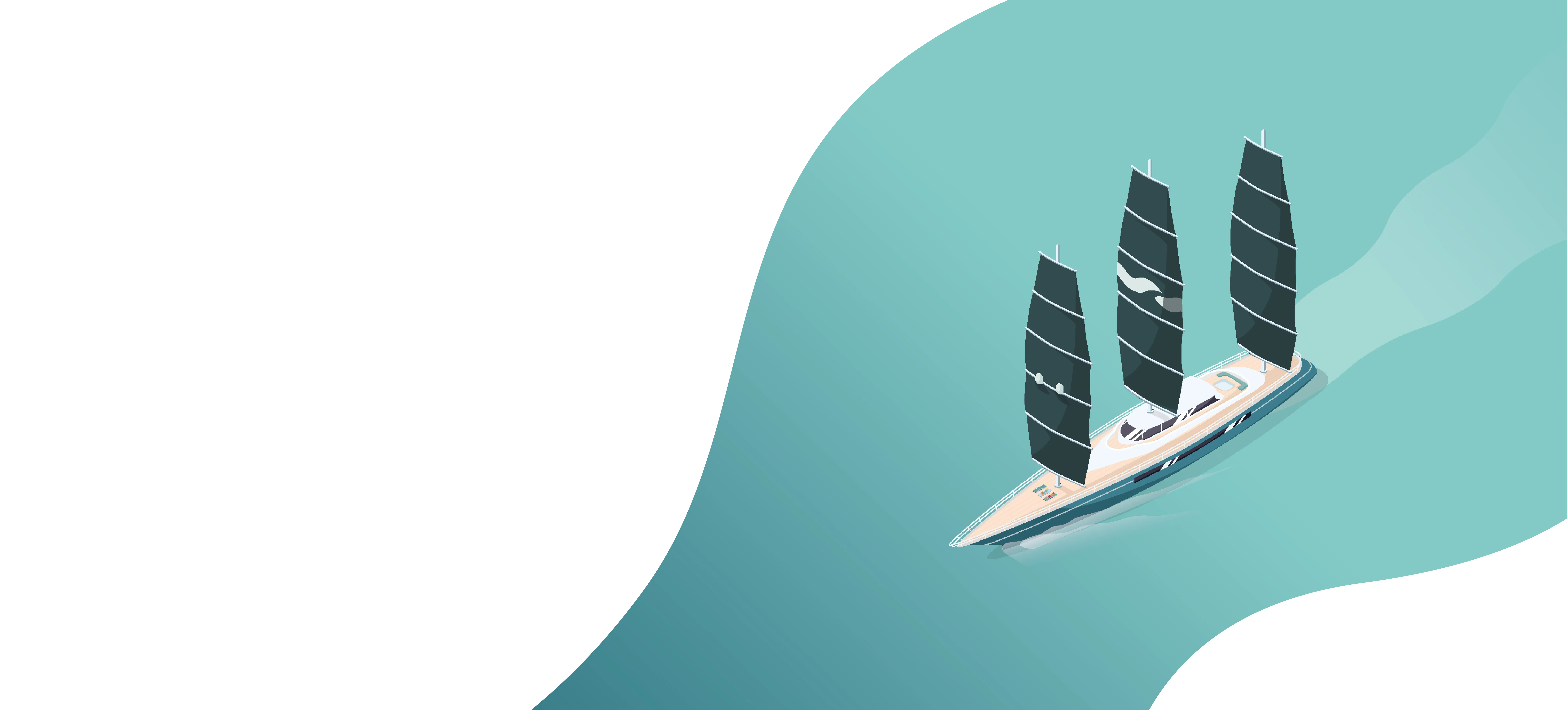 Illustration of a modern sailboat with three black sails on turquoise water, with a smooth shade transition on the left side.