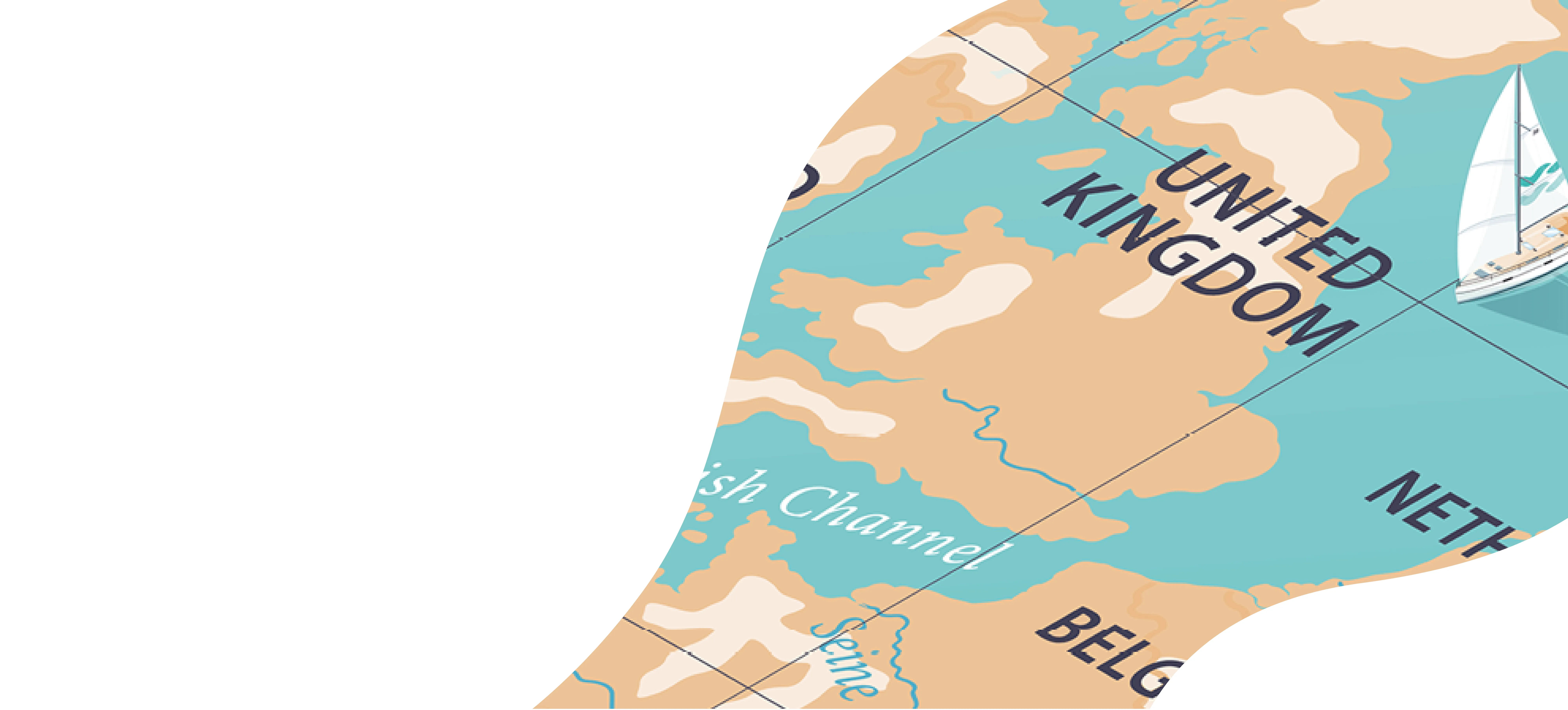 Partial map showcasing the United Kingdom, Belgium, Netherlands, English Channel, and North Sea featuring a sailboat illustration steered by an adventurous superyacht captain.