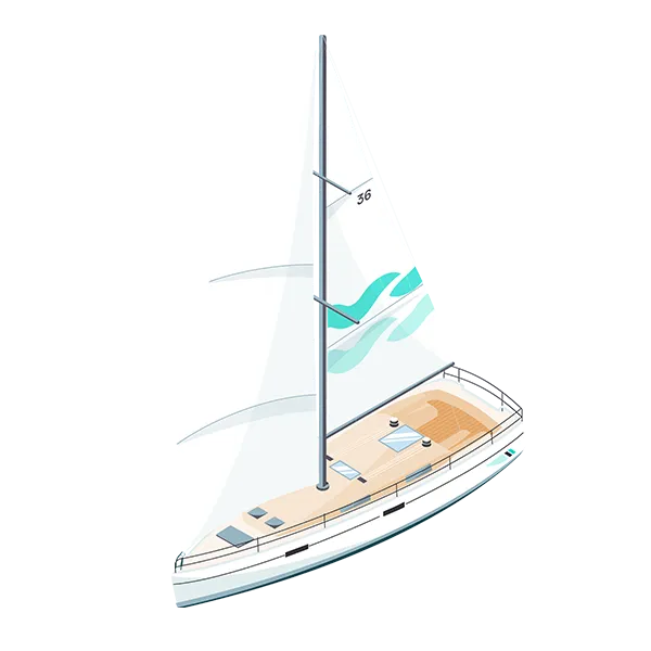 Illustration of a sleek, modern sailboat with a white hull, teal accents, and a wooden deck. The design captures the elegance worthy of a superyacht captain, featuring a tall mast and two sails for an impressive maritime presence.